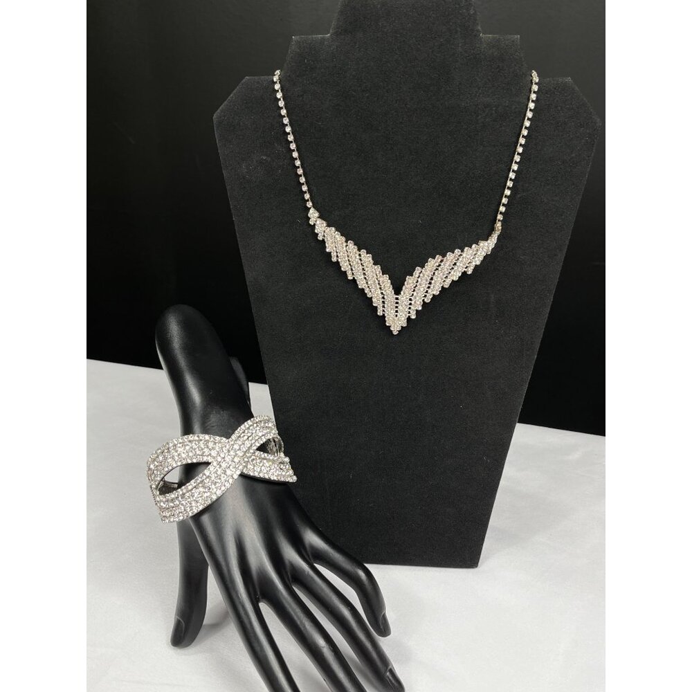 Silver Tone SKU 002 and 036  Rhinestone Infinity Bracelet V Shaped Necklace Set